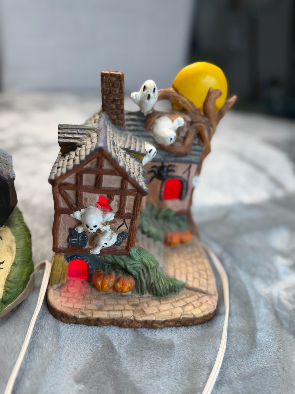 Halloween Haunted House Tabletop Decor with White Ghosts & Orange Pumpkins